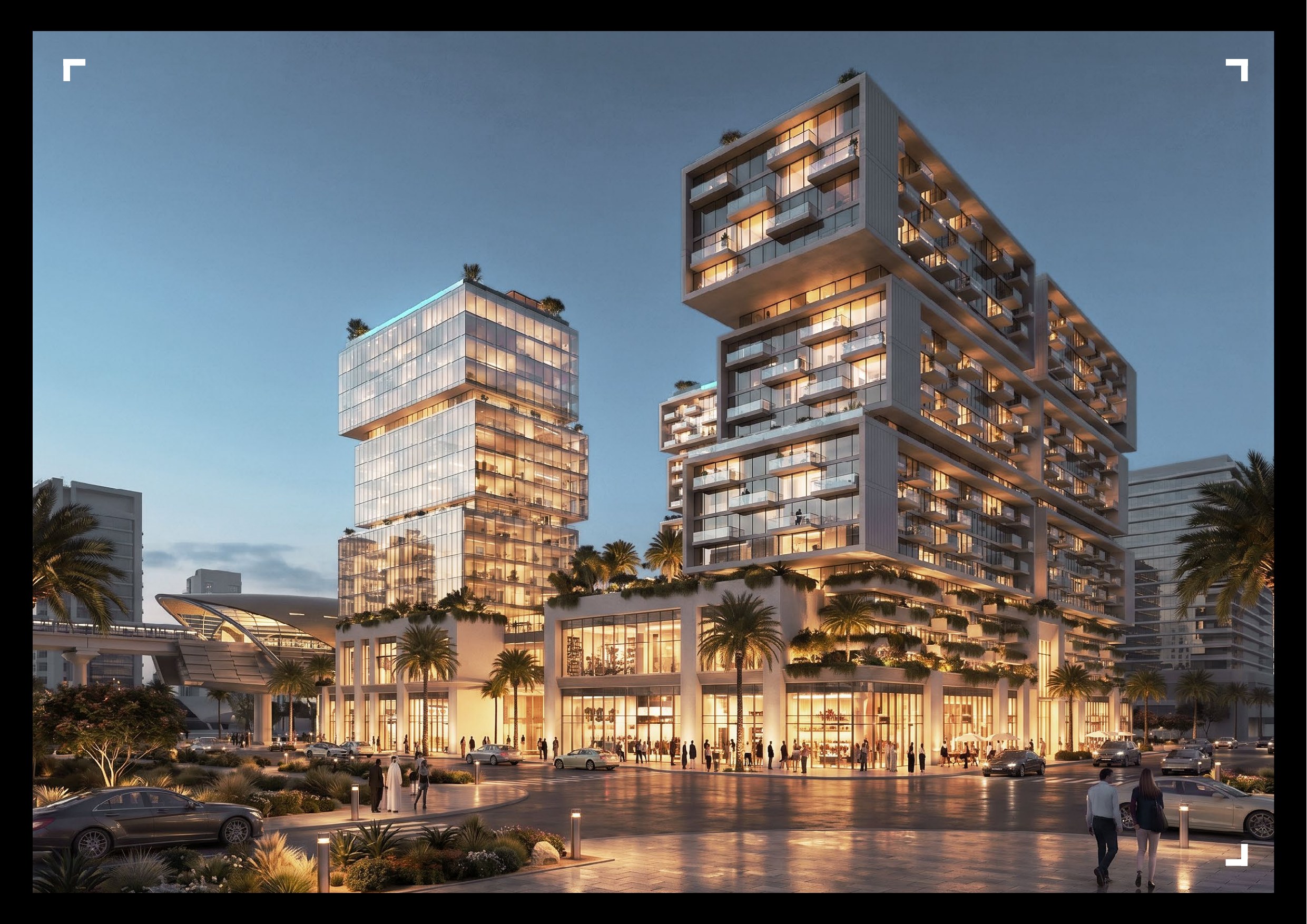 RAW District. Original exterior render, SZR frontage at dusk